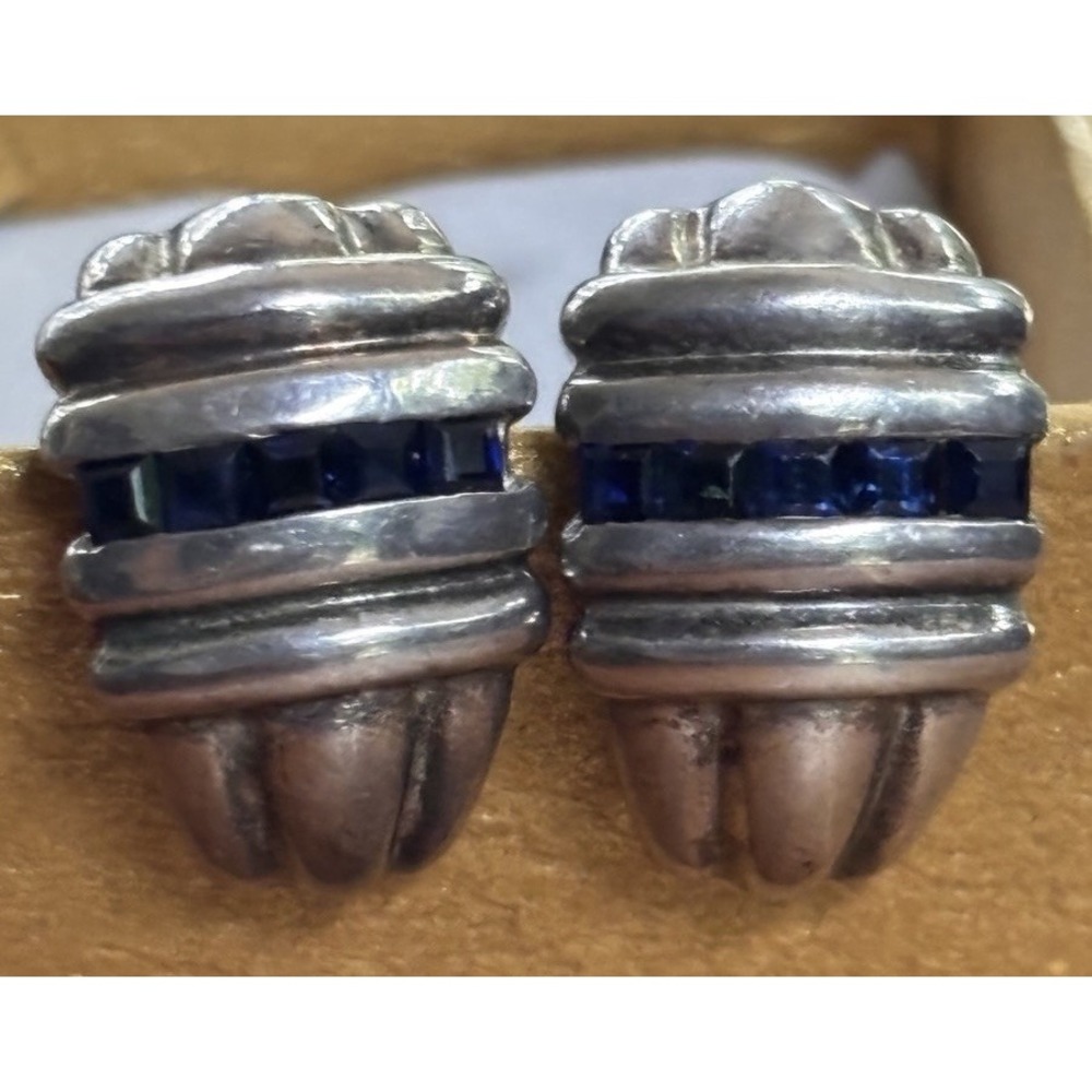 JBNI Sterling Silver Square Cut Sapphire Curl Stud Earrings 7.7g